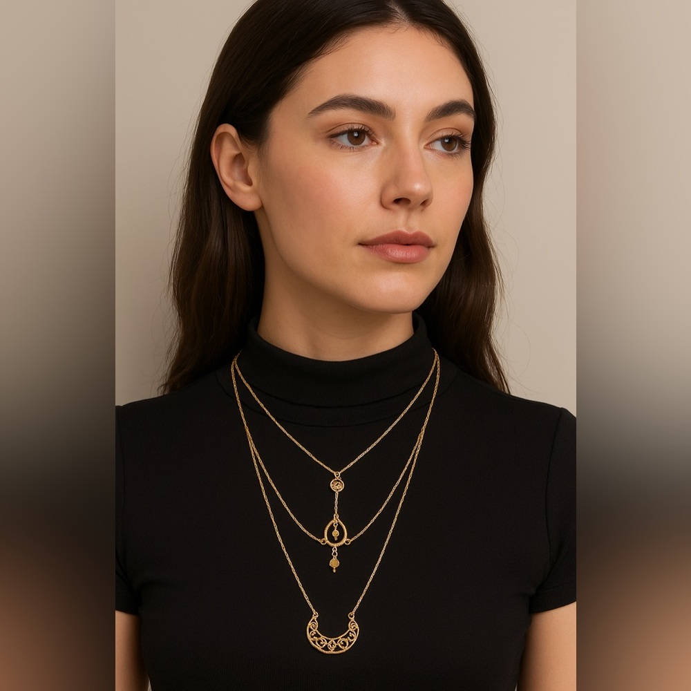 NWOT Art Deco Multistrand-Multi-Pendant Drop Necklace Gold-Tone